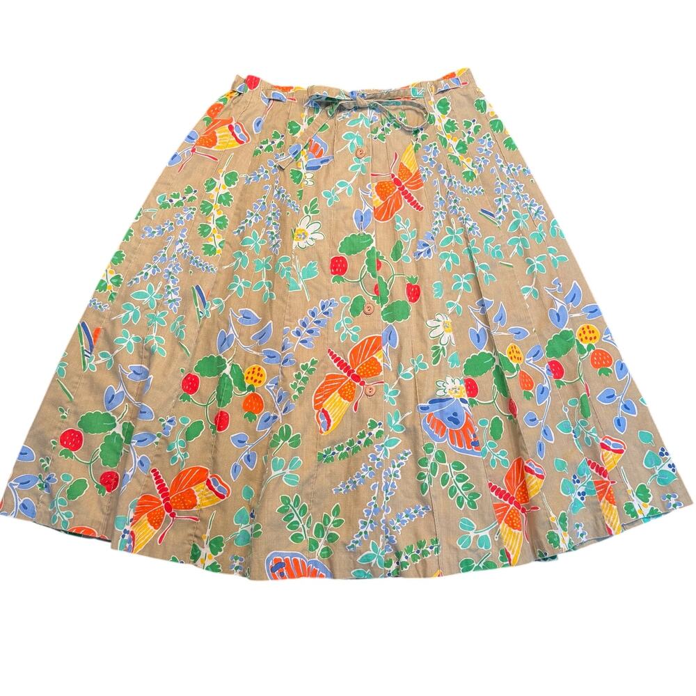 Sanibel‎ Sport Vintage Pleated Midi Skirt Large Tan Floral Butterfly Strawberry